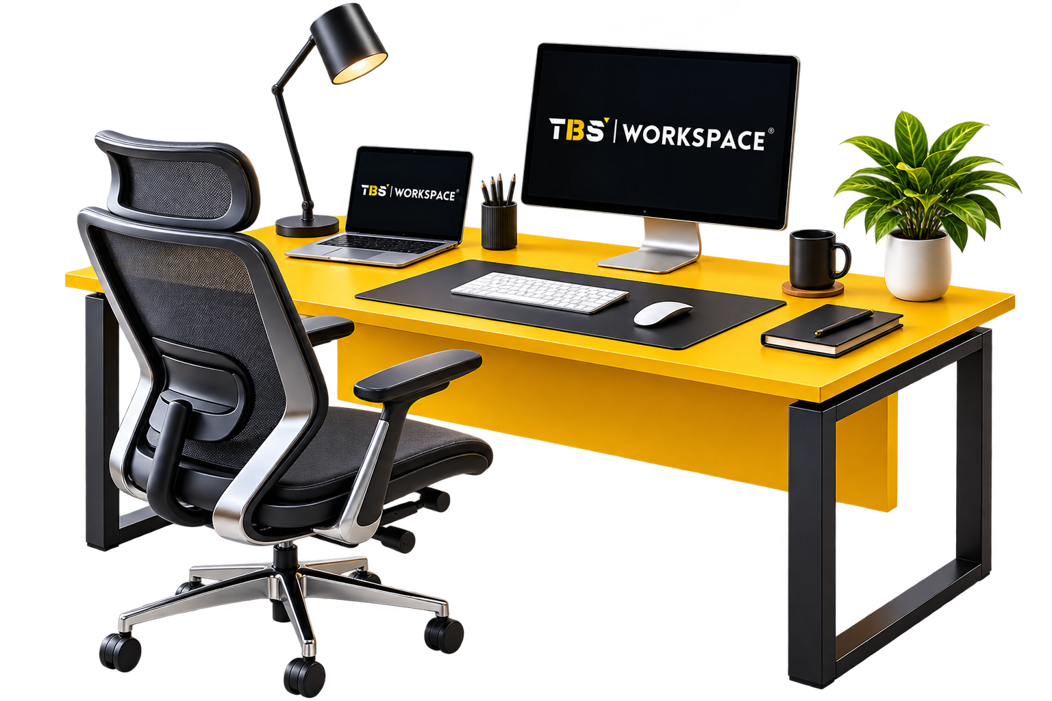 TBS Workspace desk setup with monitor, laptop and ergonomic chair