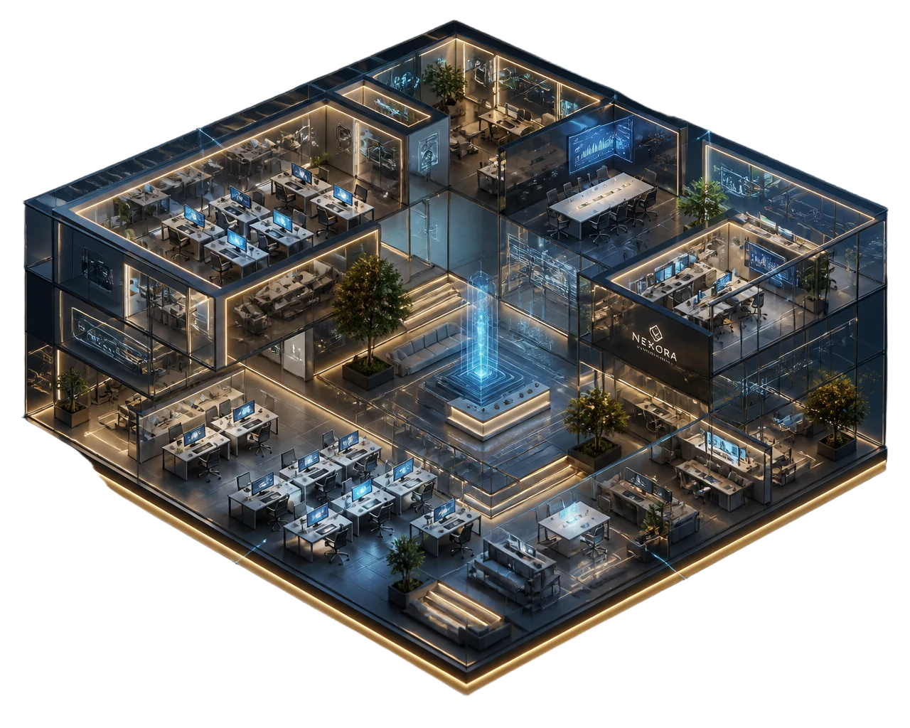 Isometric render of a premium coworking office with glass cabins, workstations and a lounge